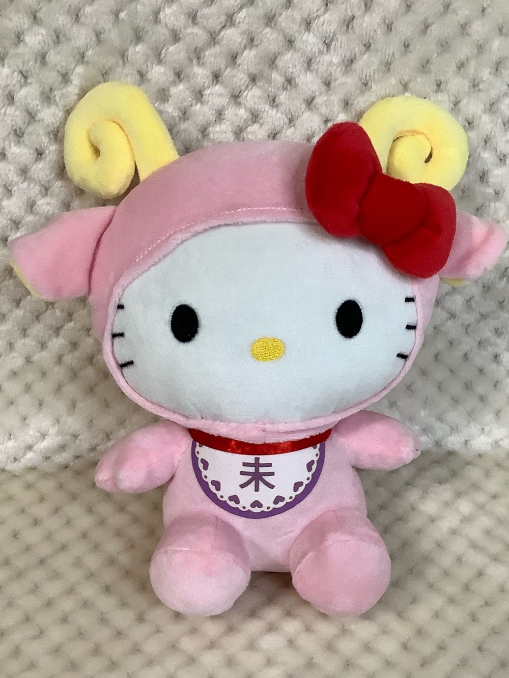Sanrio Hello Kitty Pink Aries Plush Red Bow and Yellow Horns Stuffed Animal Toy
